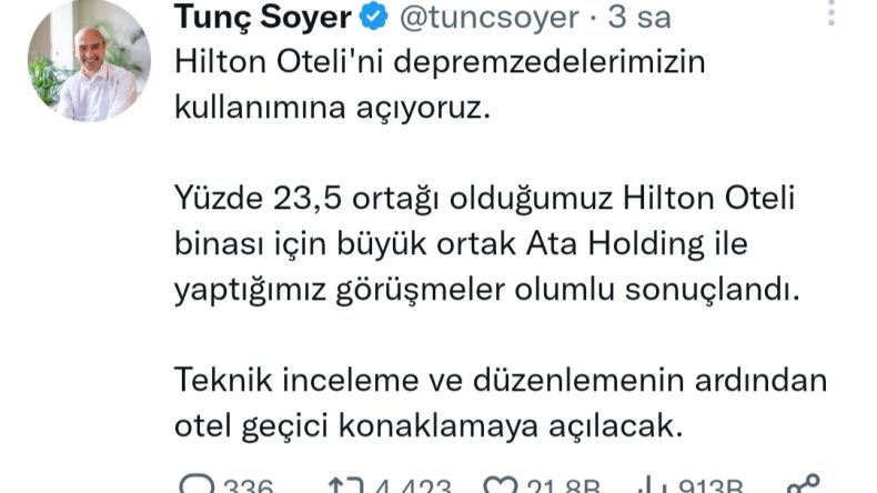 Tunç Soyer: “Hilton Oteli’ni depremzedelerimizin kullanımına açıyoruz.”